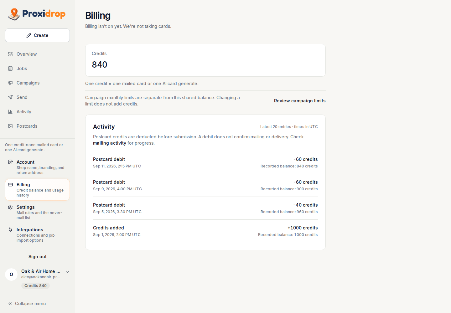 Plans and prepaid balance in the ProxiDrop demo workspace