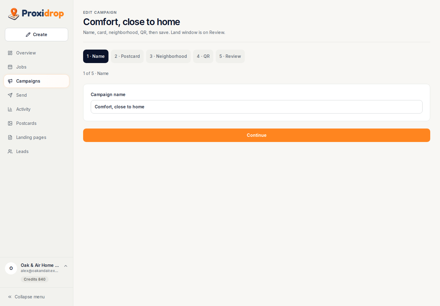 Campaign settings in the ProxiDrop demo workspace
