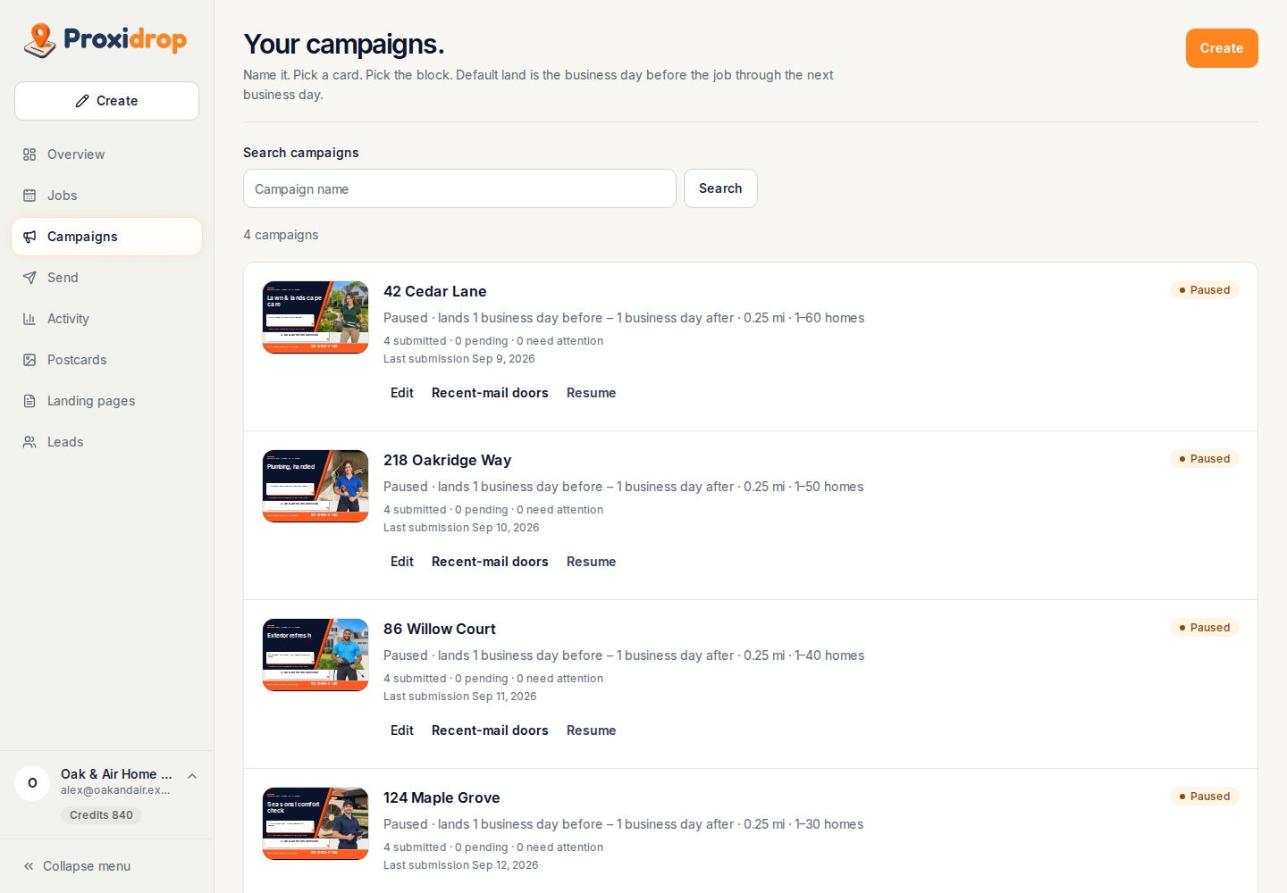 Campaign library with fictional Oak & Air Home Services data