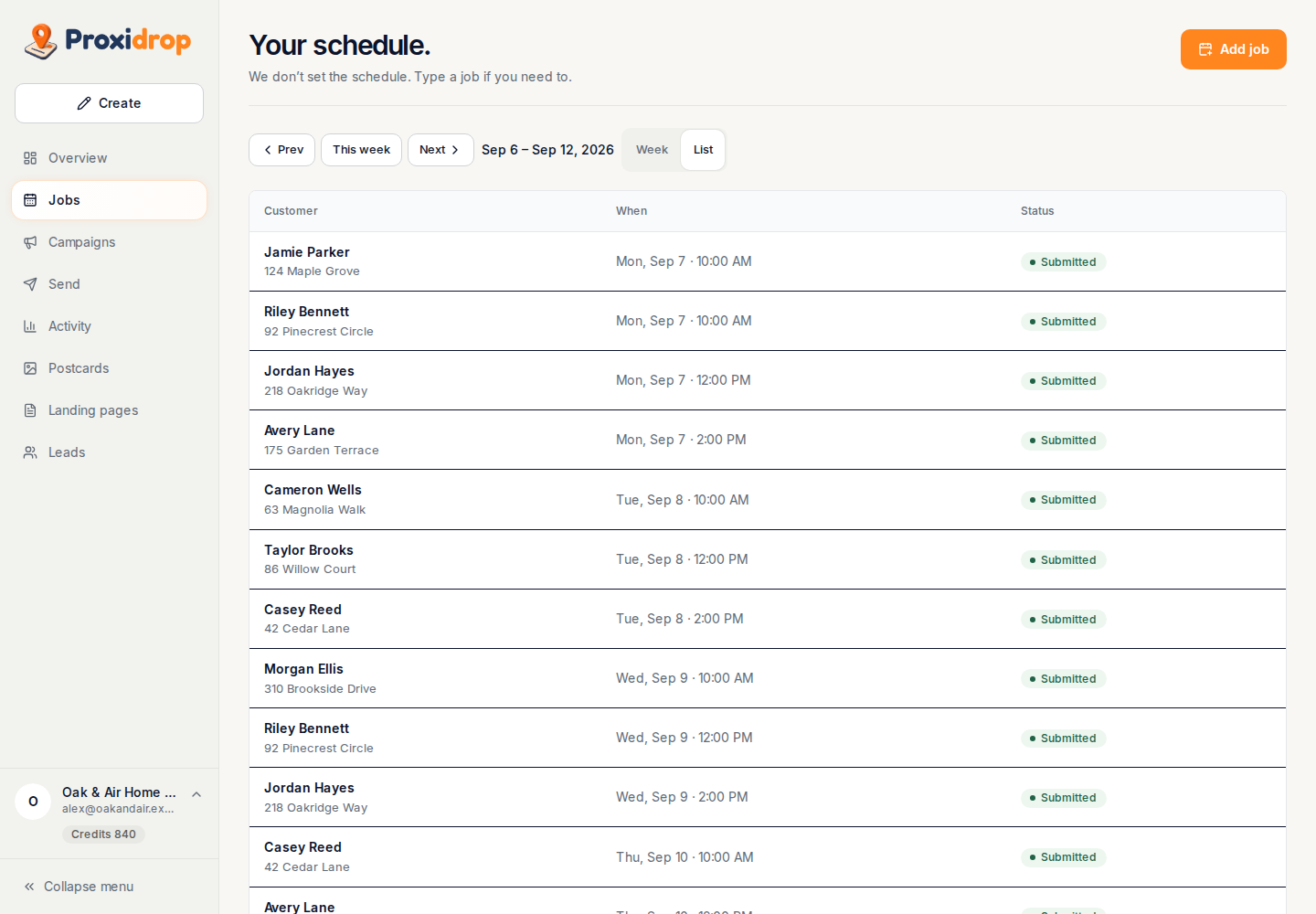 Job list with fictional Oak & Air Home Services data