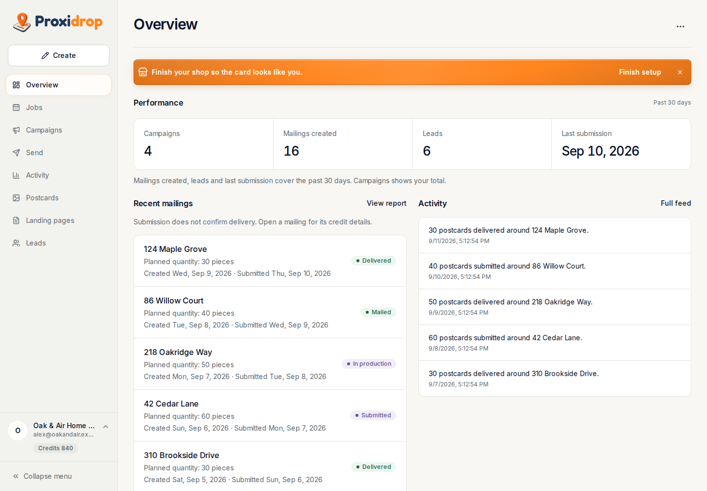 Overview with fictional Oak & Air Home Services data