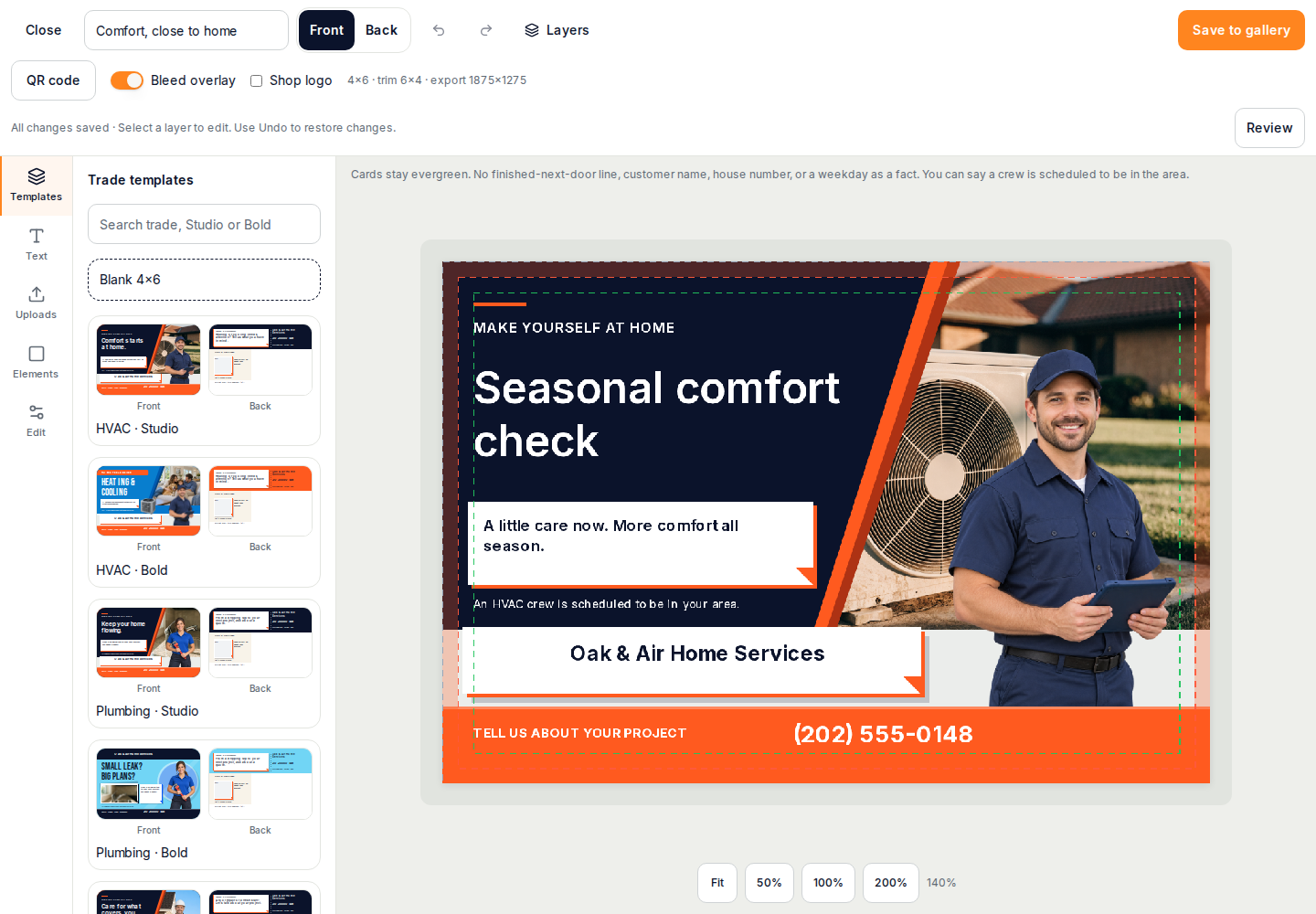 Postcard editor with fictional Oak & Air Home Services data